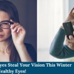 Person experiencing dry eyes in winter while sitting indoors, highlighting the importance of winter eye care and protection.