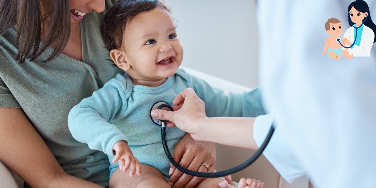 Pediatrician examining a smiling child during a regular health checkup in a bright clinic.